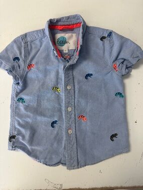 Mini Boden Embroidered Chameleon Lizard  Button Up Chambray Denim Shirt 4/5